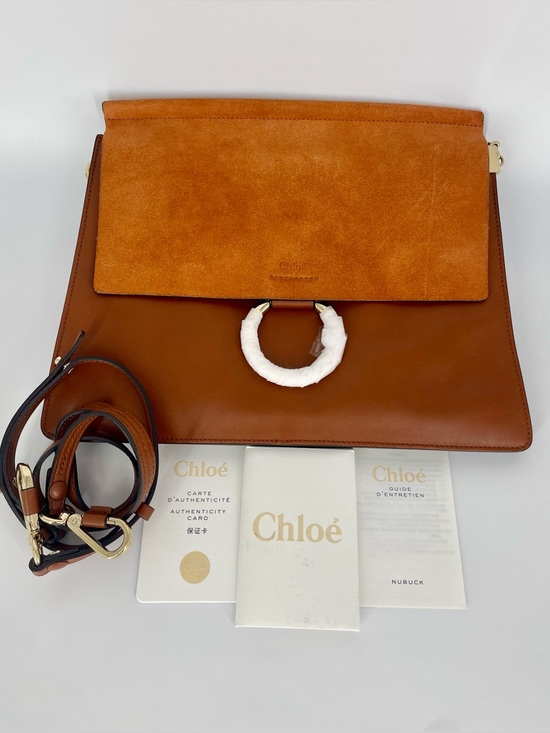 Chloe Handbags - CHLOE Calfskin Suede Medium Faye Brown Leather & Nubuck Shoulder Bag